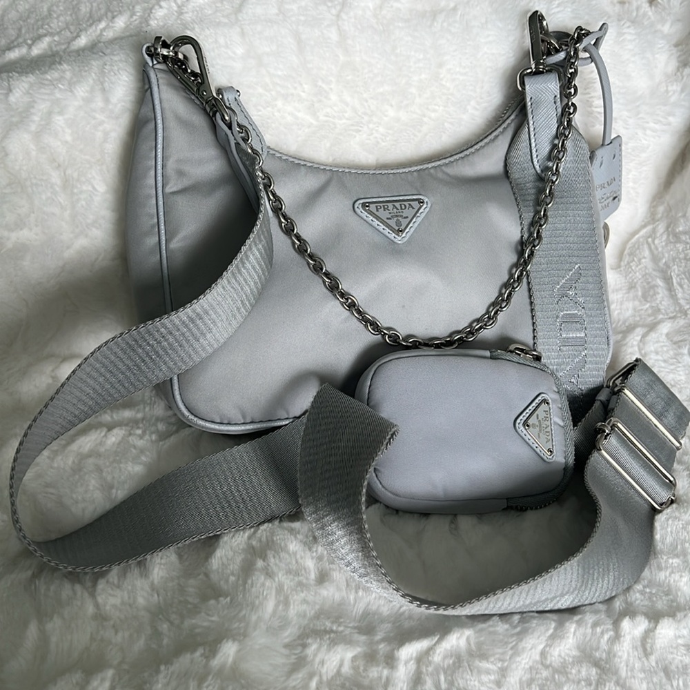 Prada Gray Shoulder Bag with Chain Detail